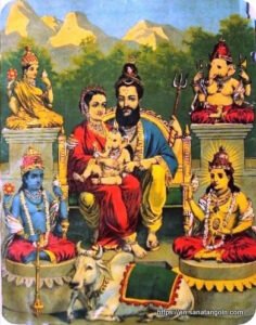 Oleograph by Raja Ravi Varma depicting a Shiva-centric Panchayatana.
